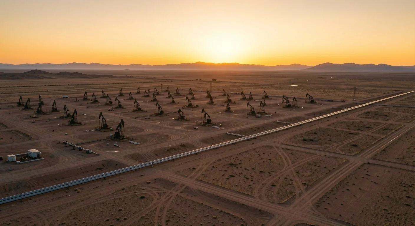 Campo de extracción petrolera en la Patagonia argentina al atardecer