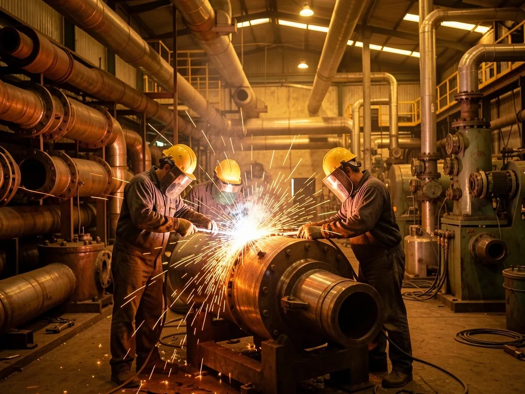 Trabajadores metalmecánicos fabricando componentes para la industria petrolera
