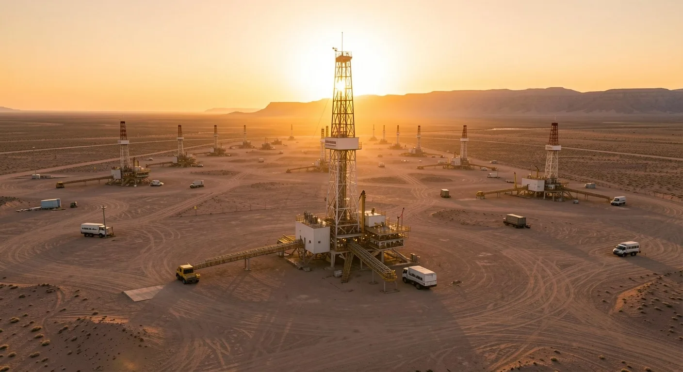 Plataforma de perforación en Vaca Muerta al amanecer