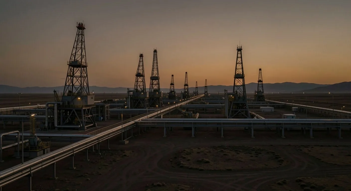 Instalación de extracción petrolera en Argentina al atardecer