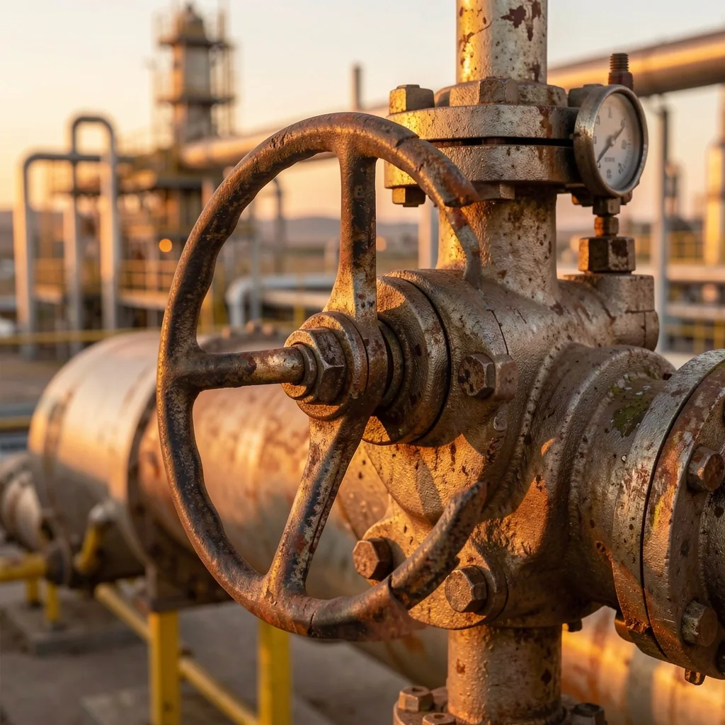 Válvulas y medidores de presión en instalación petrolera